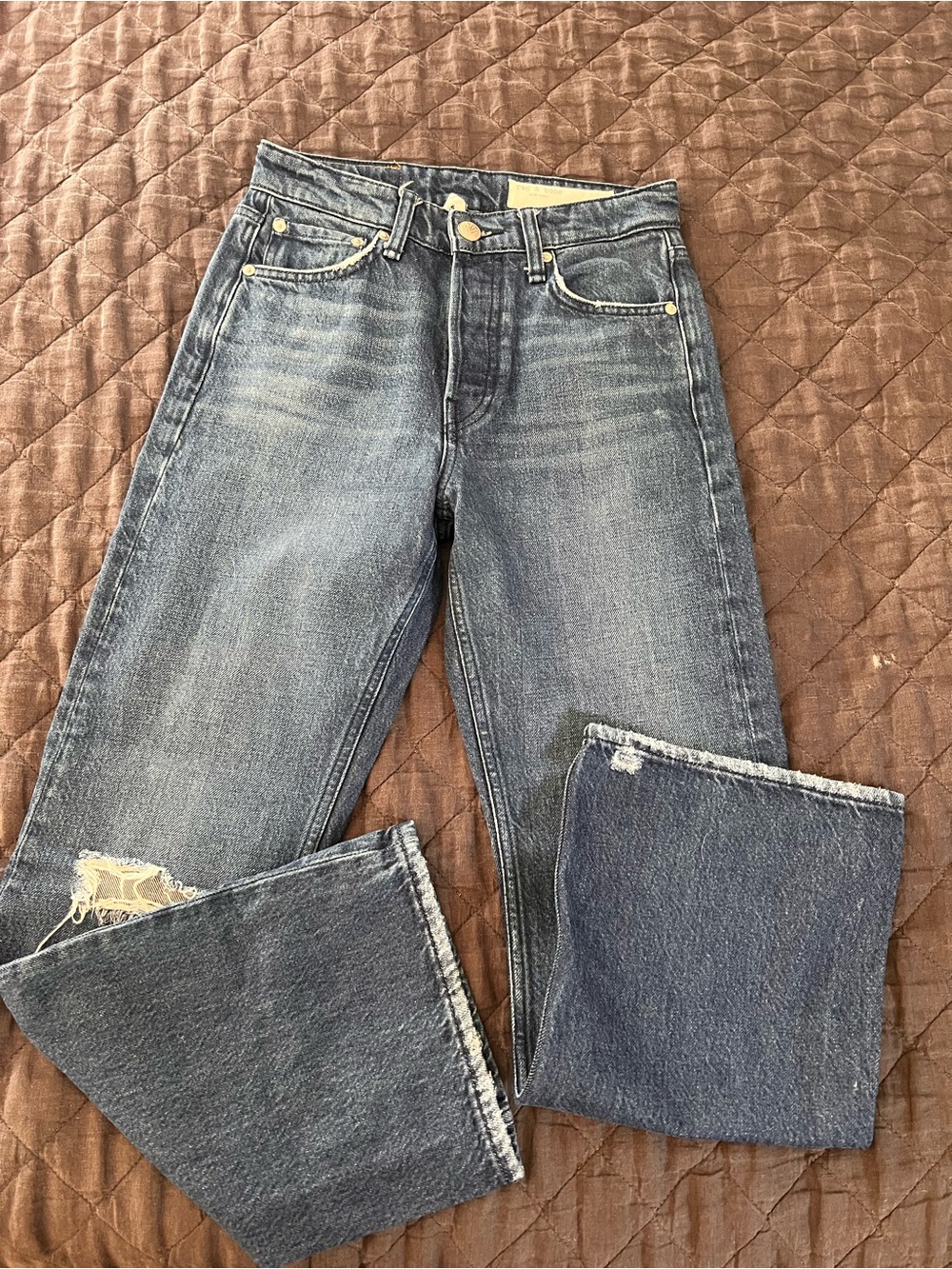 rag & bone Maya High Rise Distressed Mid-Blue Wide-Leg Jeans